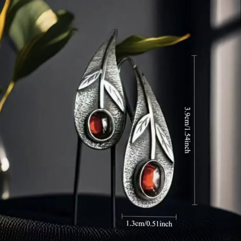 NEW Graceful Silver and Red Cabochon Curved Drop Boho Earrings - Picture 4 of 4